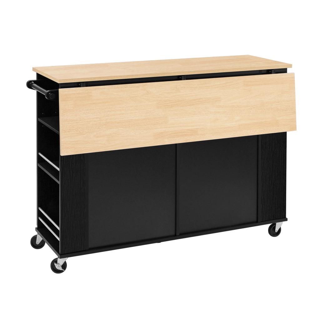 Isola Cucina Mobile Nera con Piano Estensibile 120 cm; Porta Rifiuti; Prese USB; Ruote e Ripiani Regolabili