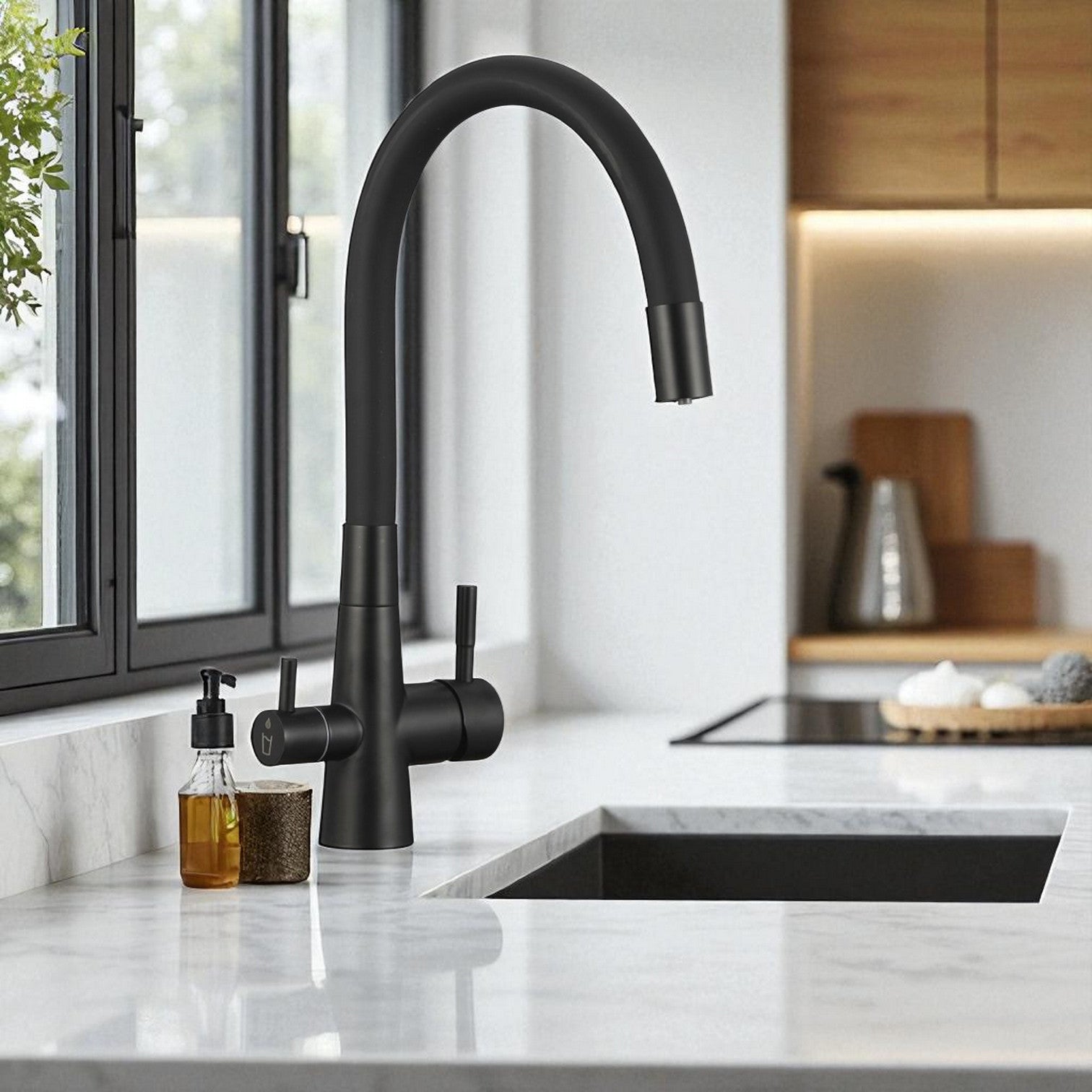 Rubinetto Lavello Nero con Filtro Acqua | Beccuccio Flessibile 360° e Design Elegante per Cucina