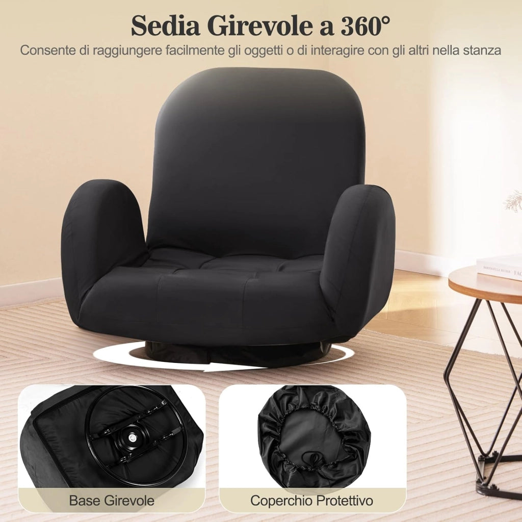 Sedia da Terra Girevole 360°, Poltrona da Pavimento, Poltrona da Terra Pieghevole, con Schienale e Braccioli Regolabili, Sedia per Lettura e Medtazione (Nero, Con Base)