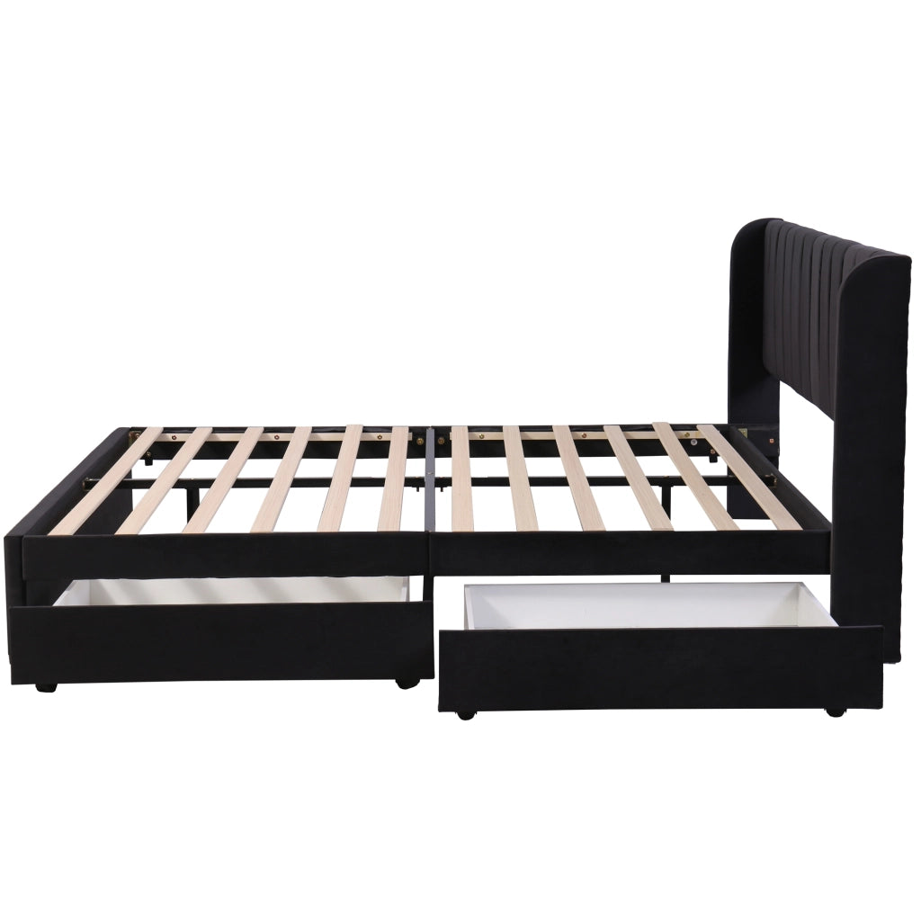 OKWISH Letto con Cassetti 180×200 cm, Letto Matrimoniale con 2 Cassetti e Testiera, senza Materasso, in Velluto, Nero