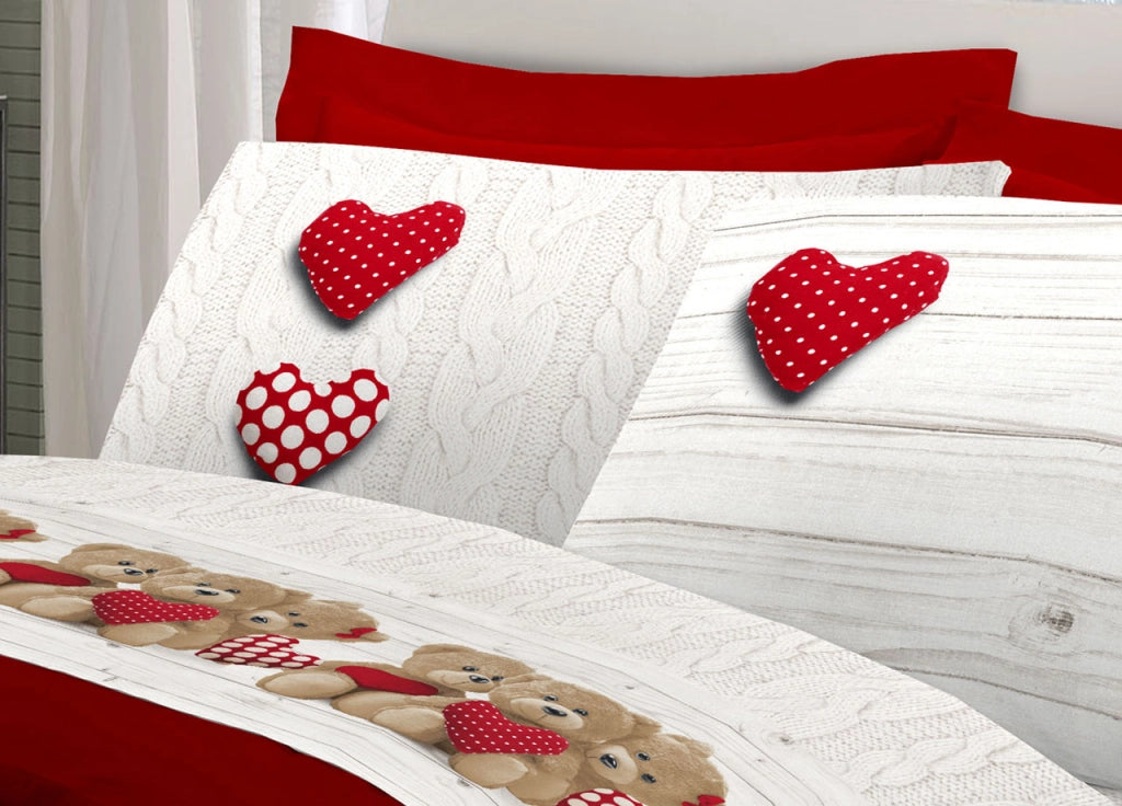 Completo Lenzuola Linea Pensieri Delicati 100% Cotone Disegno New Orsetti - Piazza E Mezza - Rosso