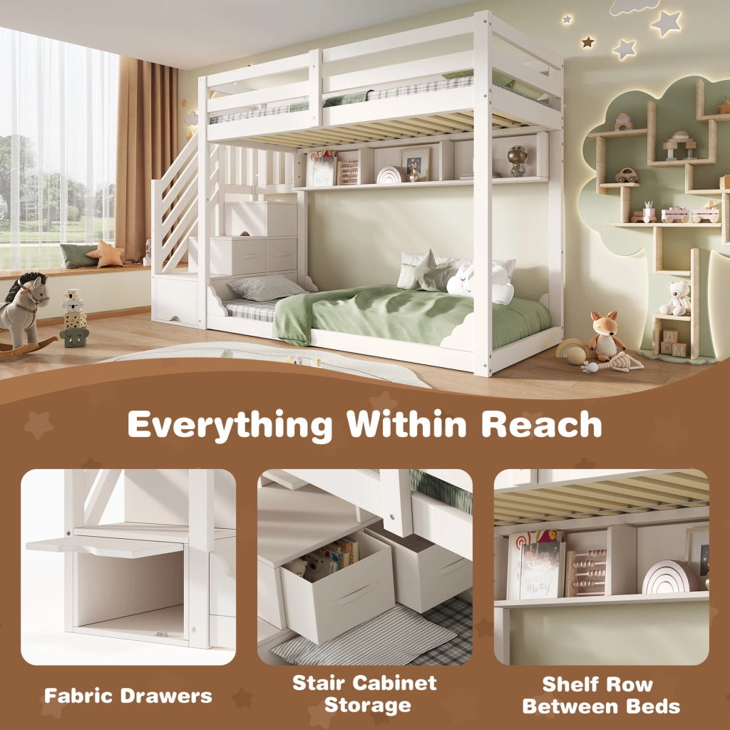 Letto a Castello 90x200 cm e 90x200 cm - Scala Contenitore e Mensole - Bianco