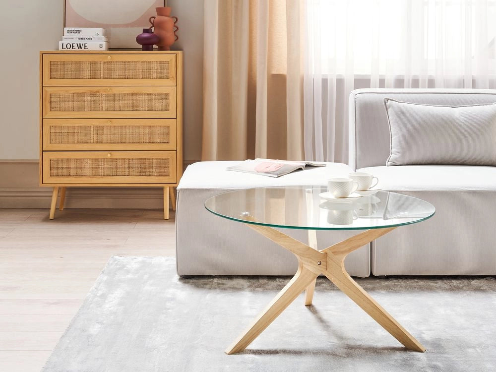 Tavolino da caffè Legno chiaro Piano in vetro temperato Gambe in legno di gomma ø 80 cm Rotondo Soggiorno moderno