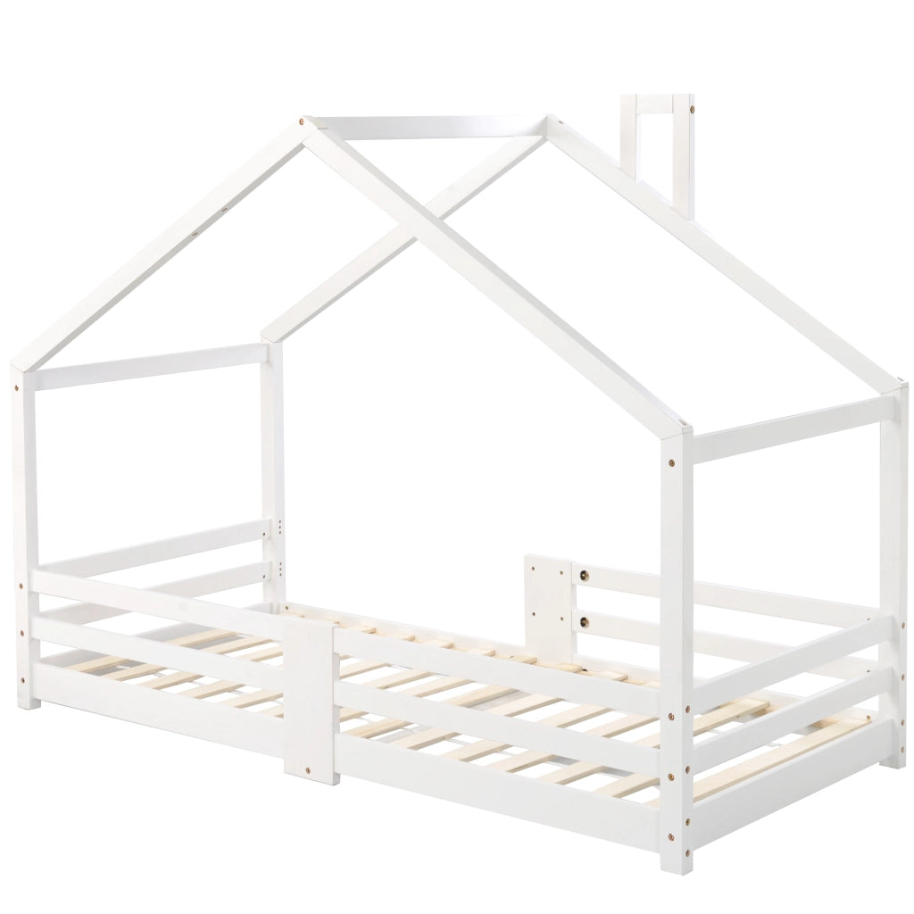 Letto a casa per bambini bianco in legno massello con protezione antiribaltamento 90x200 cm