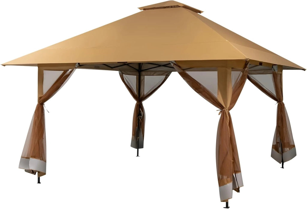 Gazebo da Giardino, 4 x 4 m, Regolabile in Altezza, con Doppio Tetto e Pannelli Laterali, Gazebo Pieghevole, per Giardino, Terrazza, Spiaggia con Corsa per il Trasporto con Ruote, Grigio