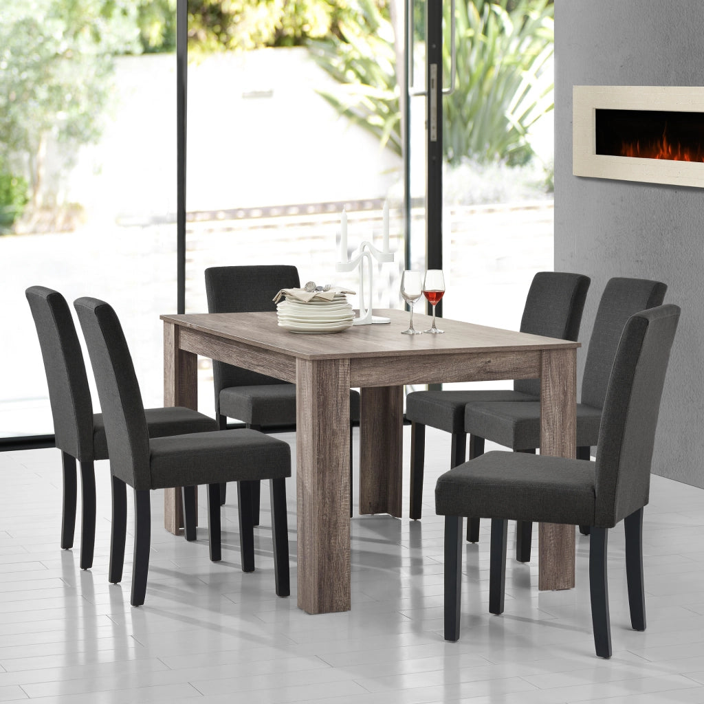 Set da Pranzo Tavolo Rettangolare con 6 Sedie Imbottite - Effetto Rovere Antico/Grigio [en.casa]