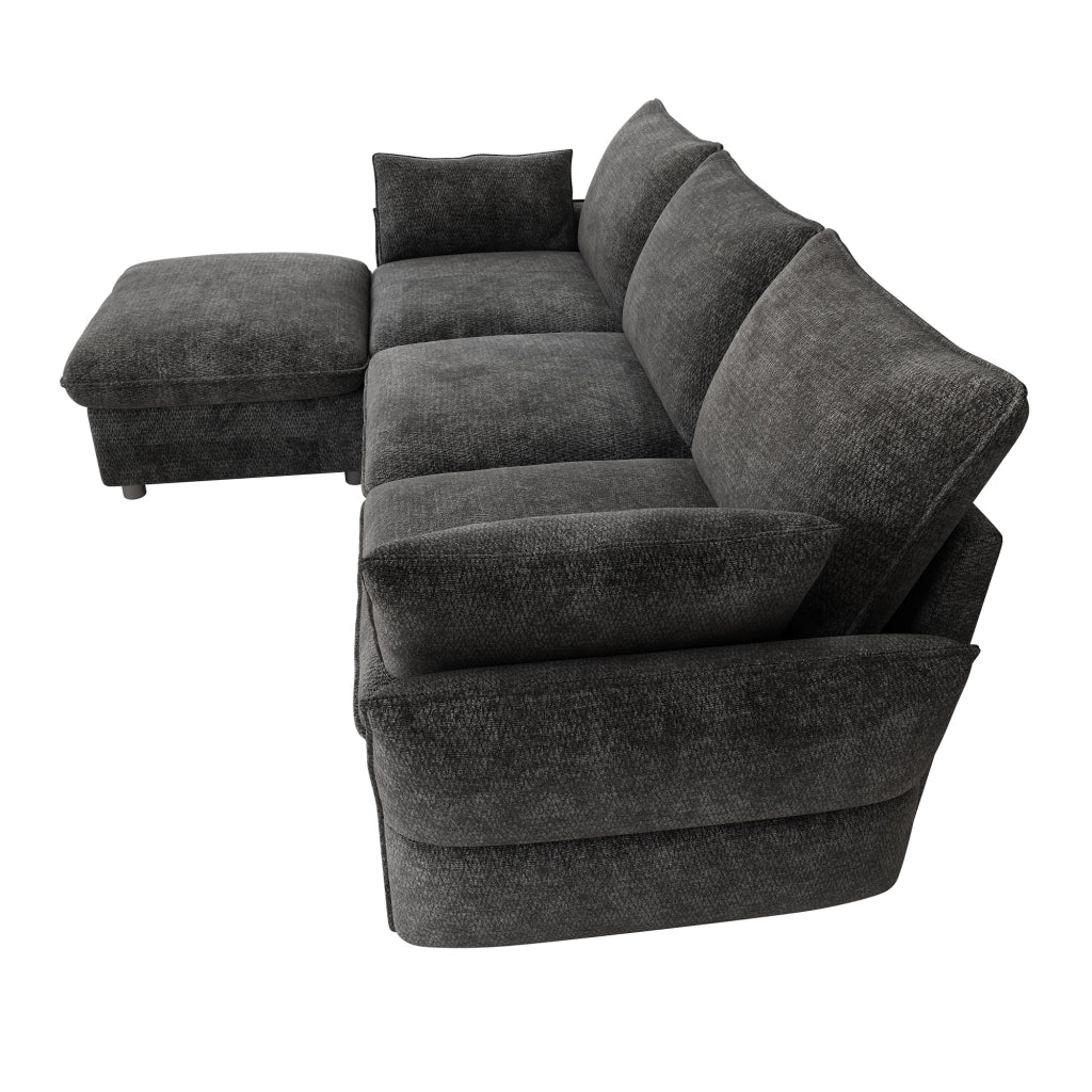 Divano angolare in chenille con pouf e 2 cuscini, seduta confortevole, design moderno, grigio scuro