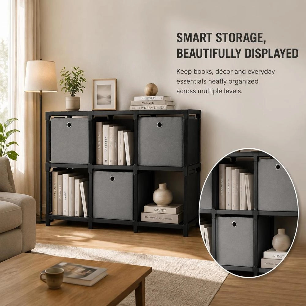 Cube Shelf With 6 Boxes, Black, 103x30x72.5 Cm, Fabric