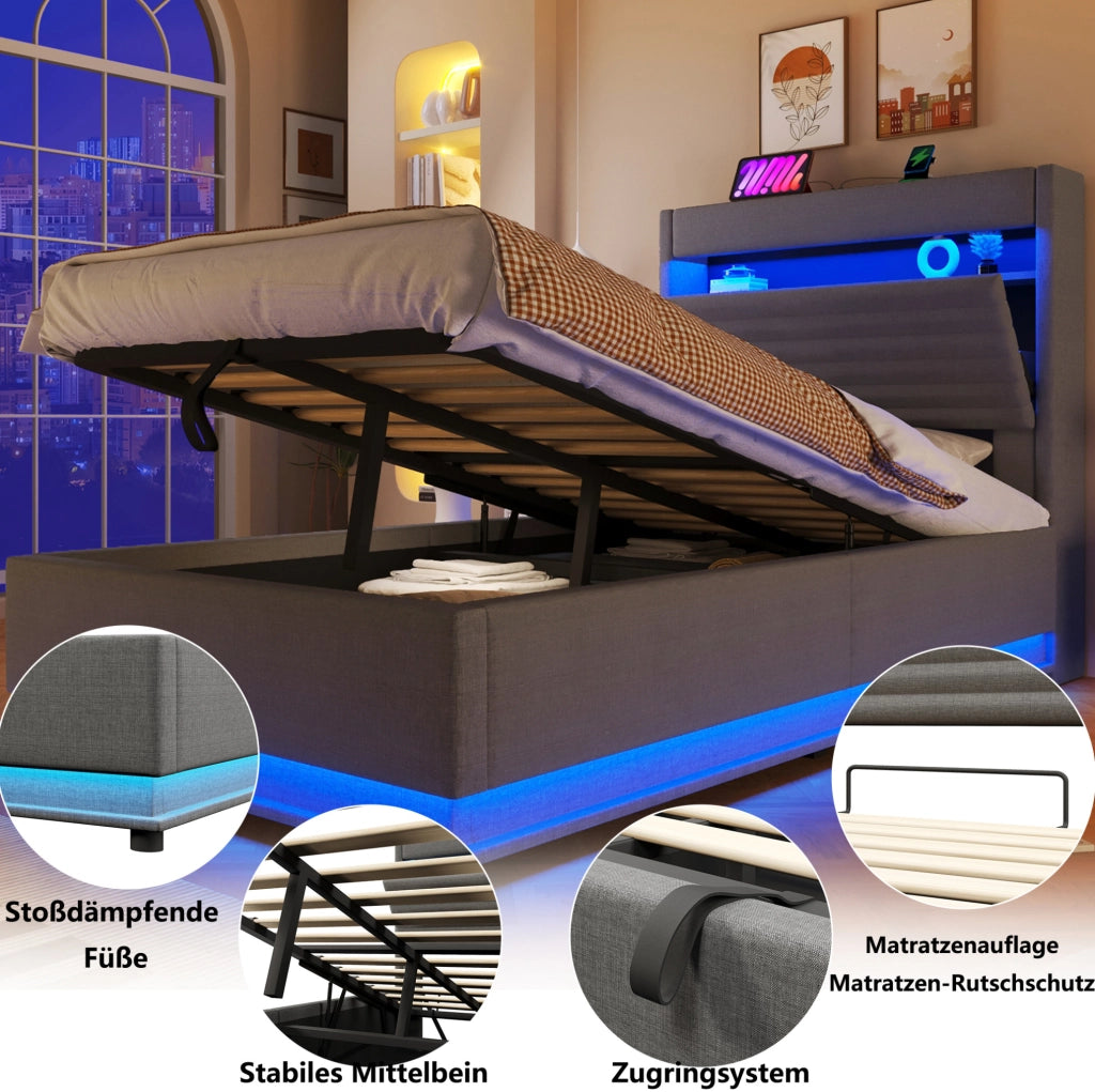 Letto imbottito singolo 90x200 cm con LED, USB-C e contenitore