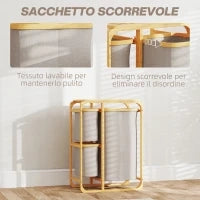 Cestino Portabiancheria in Bambù con 3 Sacchi e Ripiani in Tessuto, 50x32x69.7 cm, color Bambù e Crema