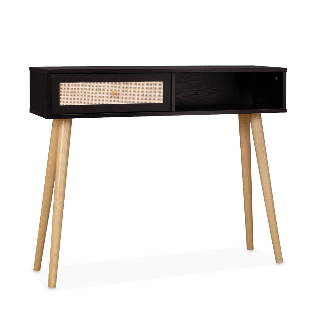 Consolle scandinava con effetto legno e canna, 100cm, nero