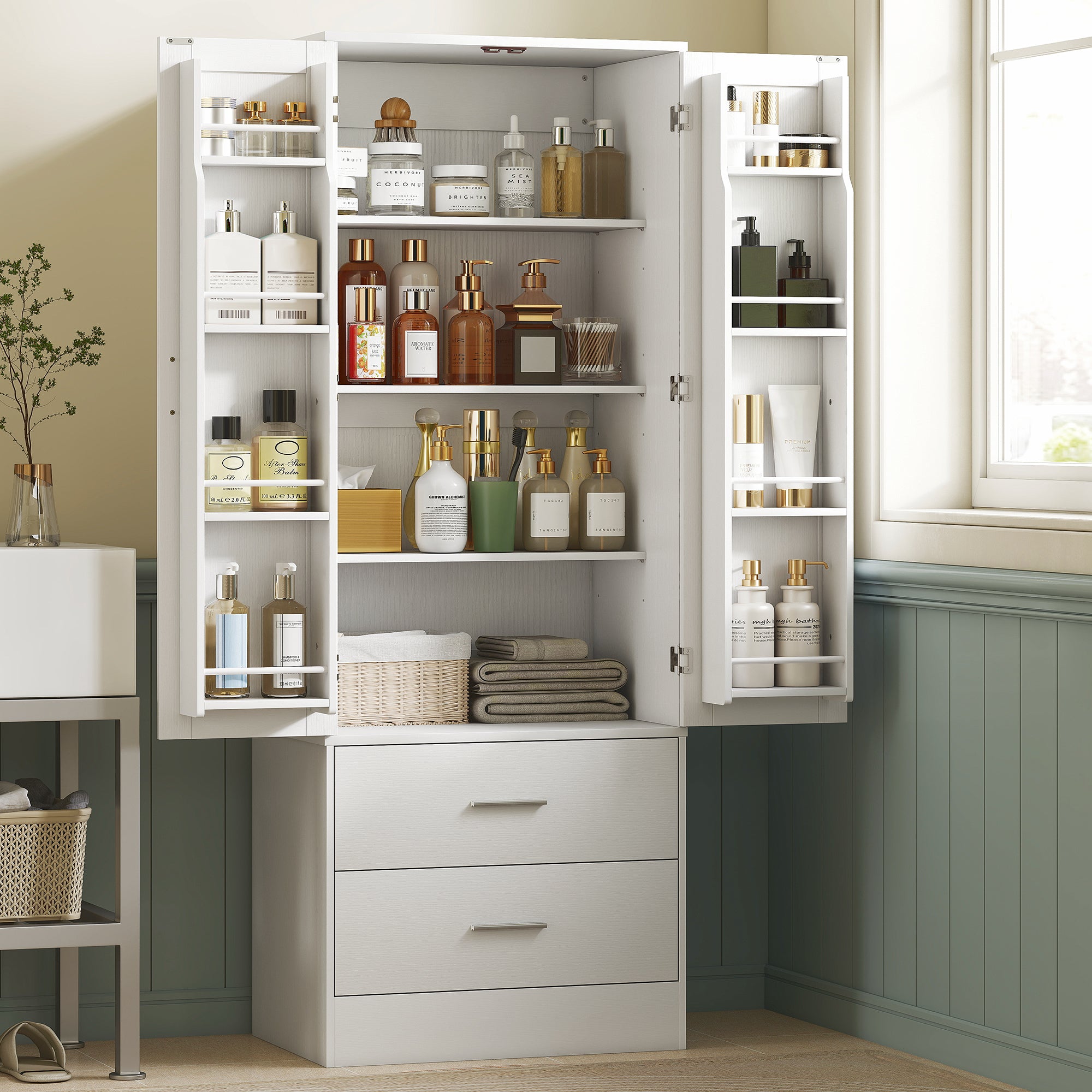 Credenza da Cucina 60x40x159 cm con Armadietto con 8 Ripiani Portaspezie e 2 Cassetti Bianco