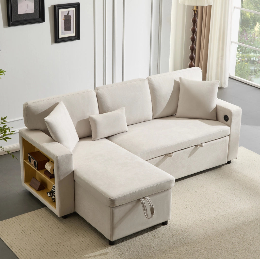 Divano letto angolare 3 posti con chaise longue reversibile; USB e contenitore; beige