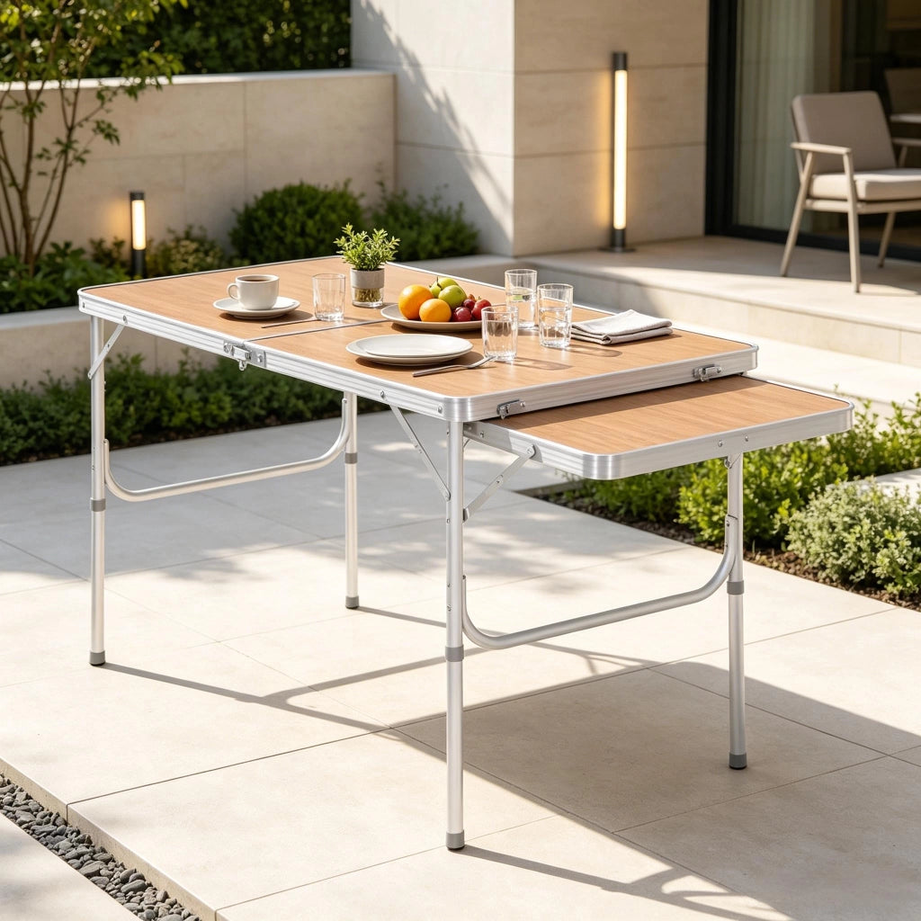 Tavolo da campeggio pieghevole con ripiano estensibile altezza regolabile 2 livelli in alluminio MDF multicolor