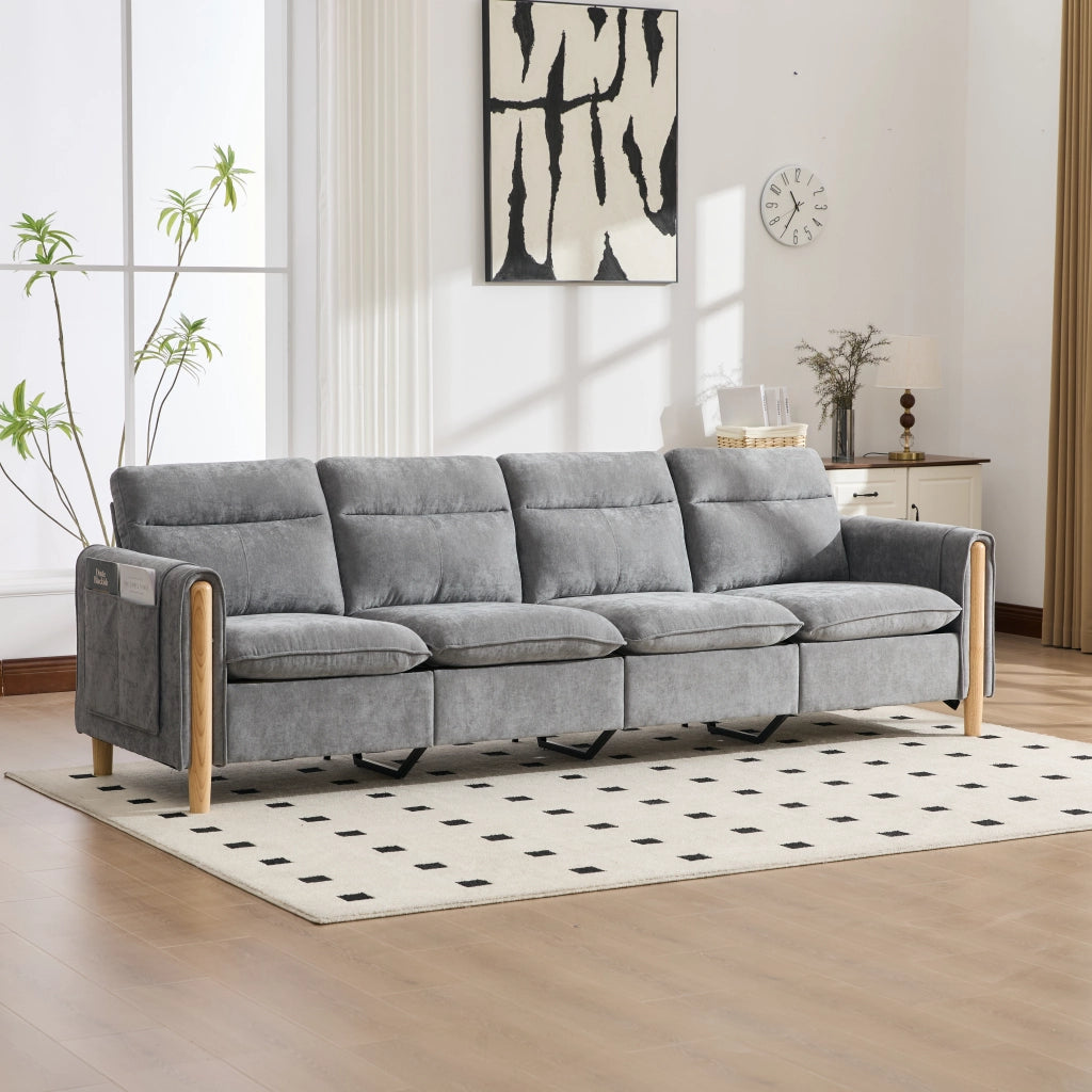 Divano angolare convertibile 4 posti con contenitore e tasche laterali in Chenille grigio chiaro