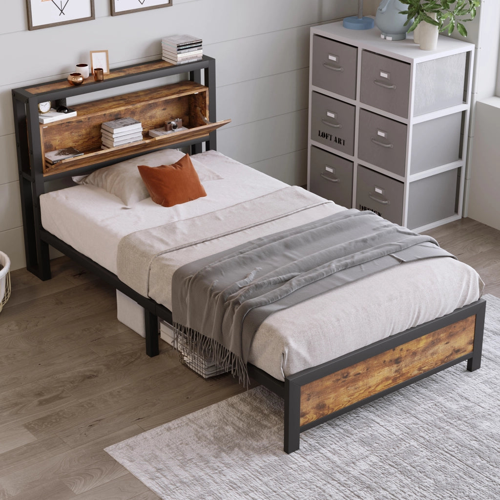 LETTO 90x200 cm in metallo e legno con testiera contenitore, naturale