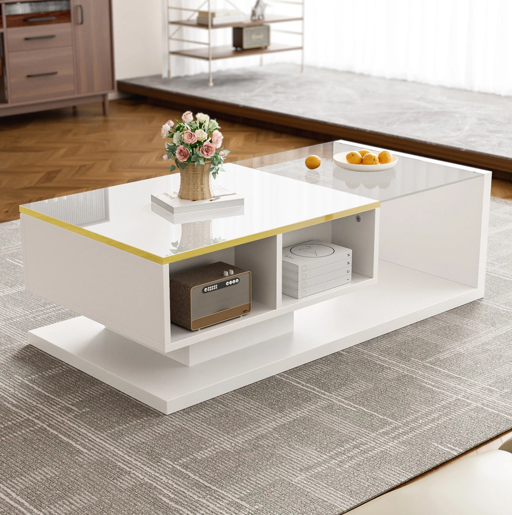 Tavolino da caffè bianco lucido 100 cm con vetro e luce LED