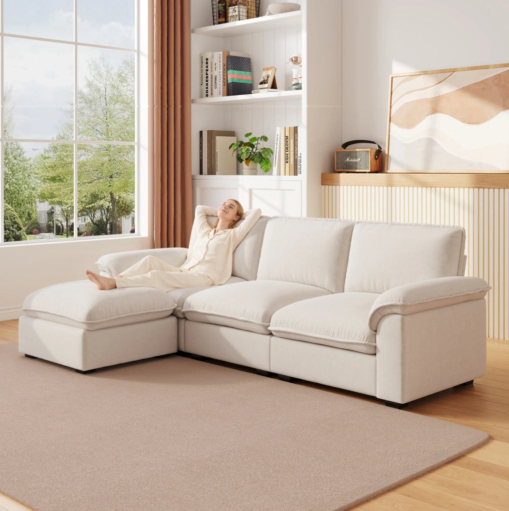 Divano modulare a L 4 posti con chaise longue; in chenille beige; 260x154x86 cm