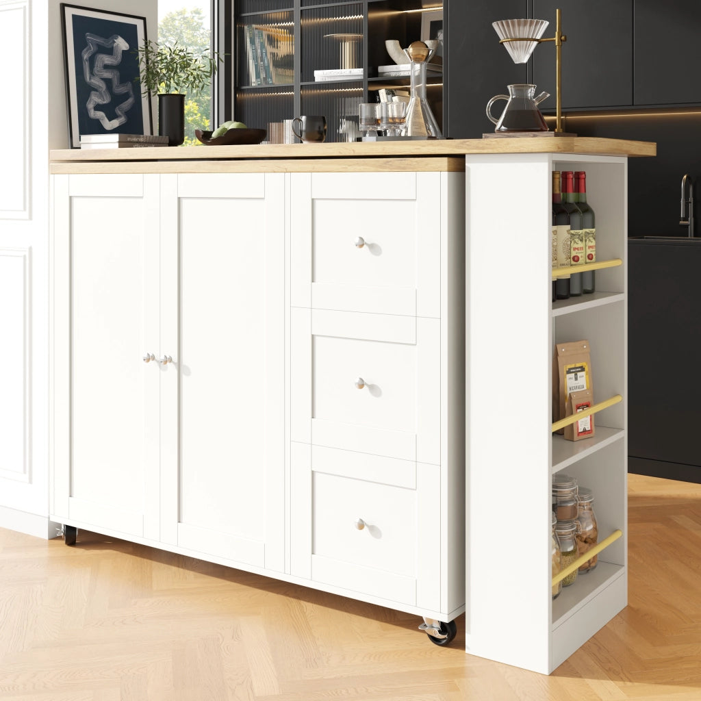OKWISH Carrello da Cucina con 2 Ante e 3 Cassetti, 3 Ripiani, Rotazione a 360° e Ruote, MDF, Bianco