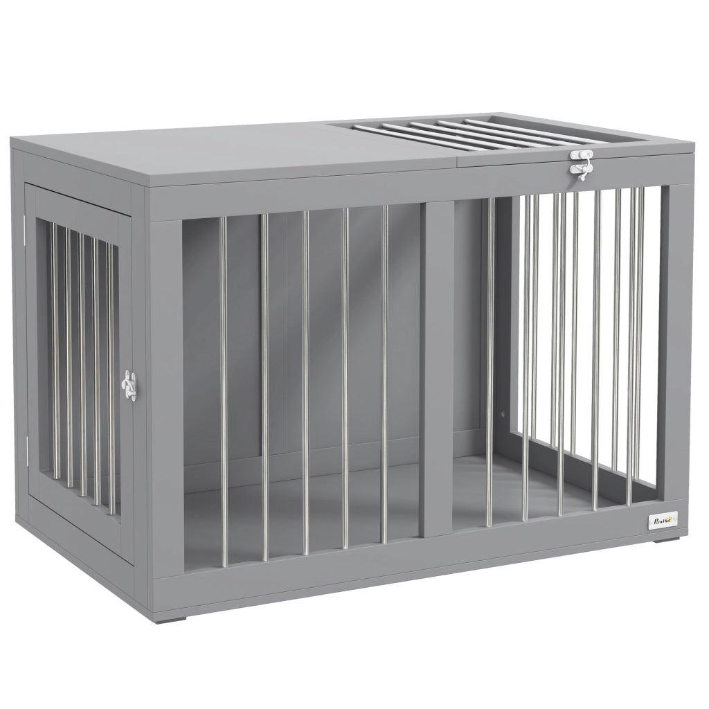 Cuccia per cani chiudibile con due porte, fondo rialzato, in MDF e acciaio, grigio, 80 × 50 × 56,5 cm
