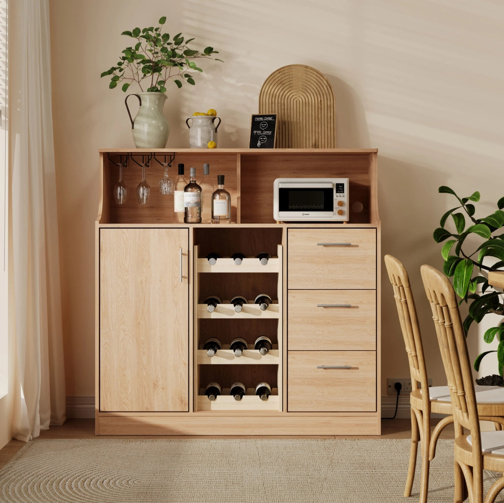 Buffet bar con LED 120x40x121 cm MDF naturale e bianco, prese, per cucina