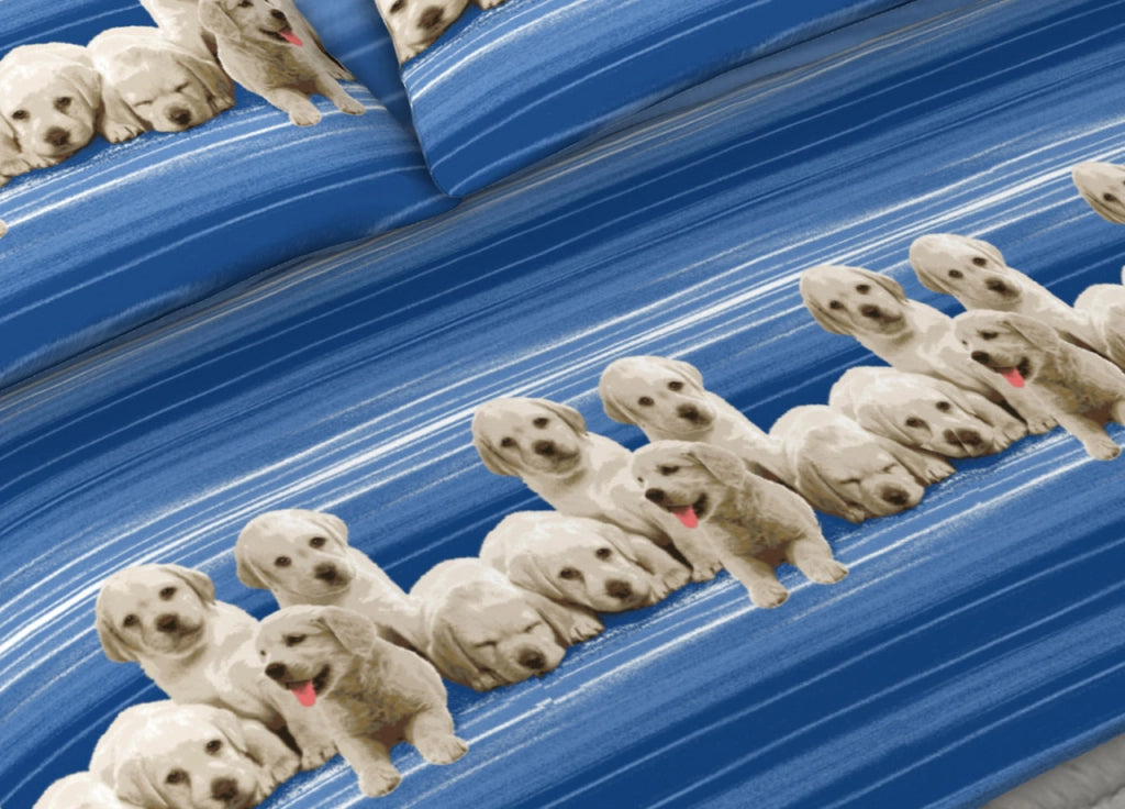 Completo Lenzuola Letto In 100% Cotone Made In Italy Vari Disegni C.N - 2 Piazze - Labrador Blu