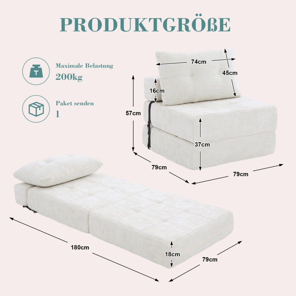 Divano letto pieghevole in chenille beige 79x180 cm con cuscini; per soggiorno e camera