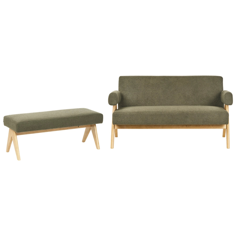 Set di divani Verde e marrone chiaro Divano a 2 posti Panca Boucle Rivestimento Retro Design Gambe di legno Soggiorno