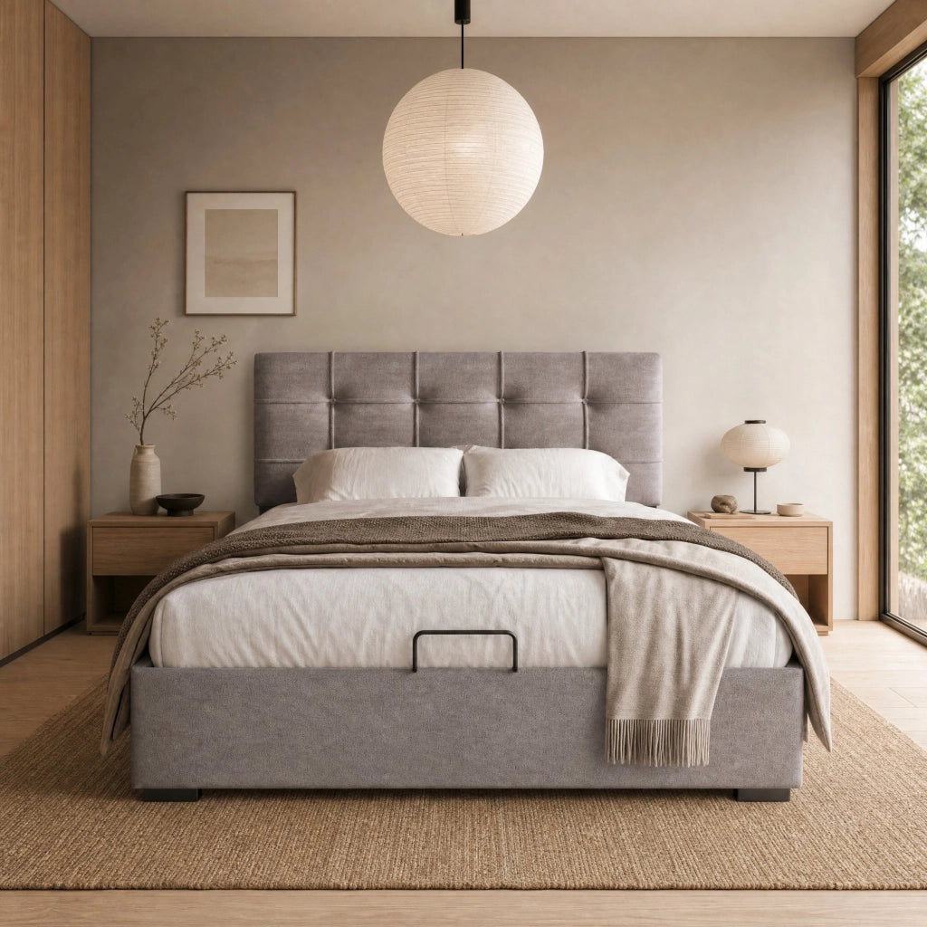 Letto imbottito singolo 90x200 cm con testiera regolabile; contenitore; velluto grigio chiaro