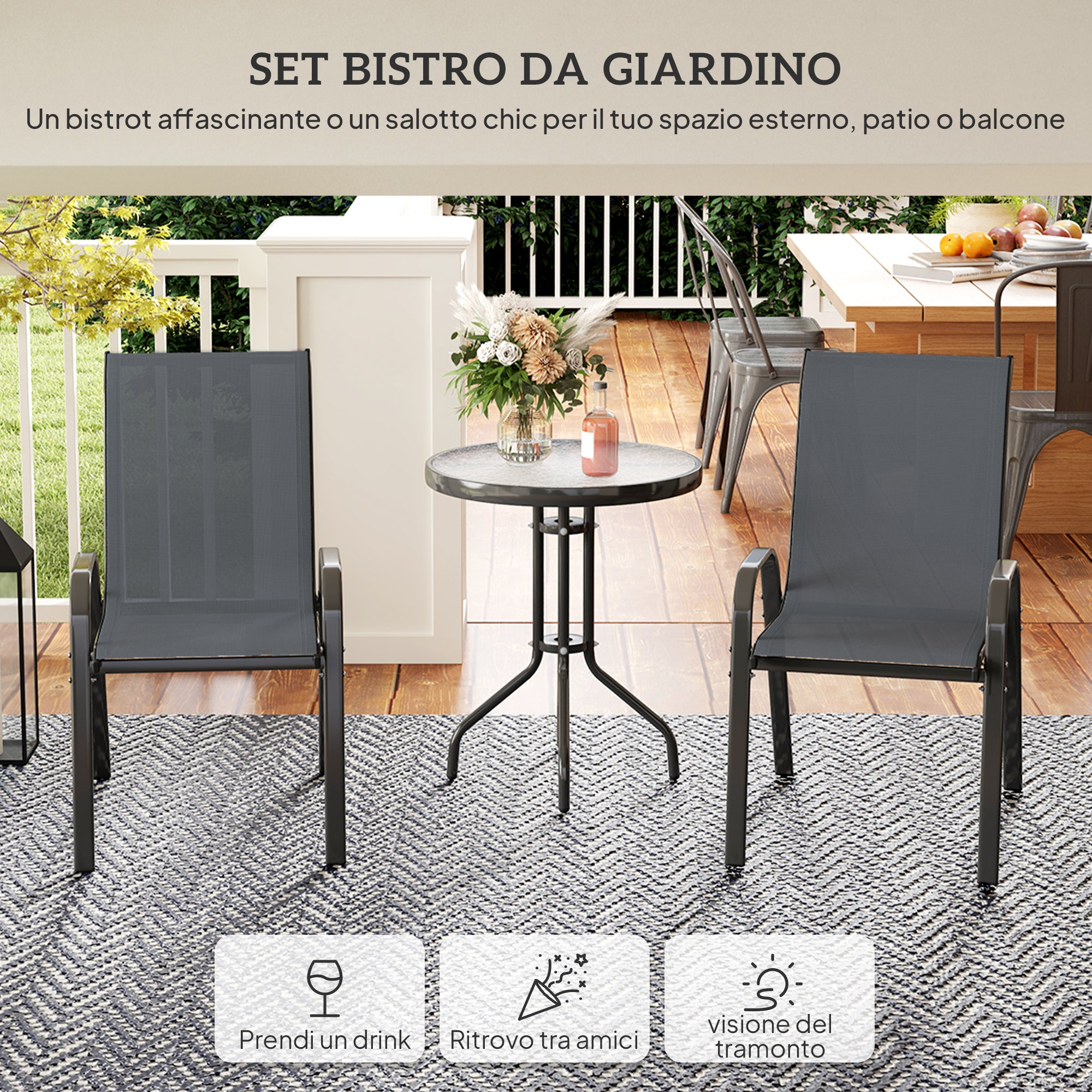 Set 3 Pezzi da Giardino 2 Sedie da Giardino 54x71x93 cm e Tavolino Rotondo Ø60x71 cm in Acciaio Grigio Scuro