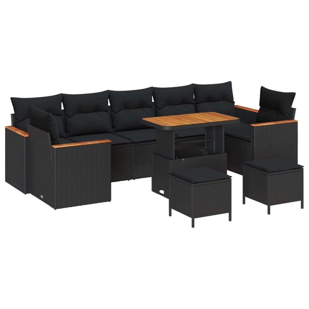 Set di Divani da Giardino  10 Pezzi con Cuscini Nero Polirattan Acacia