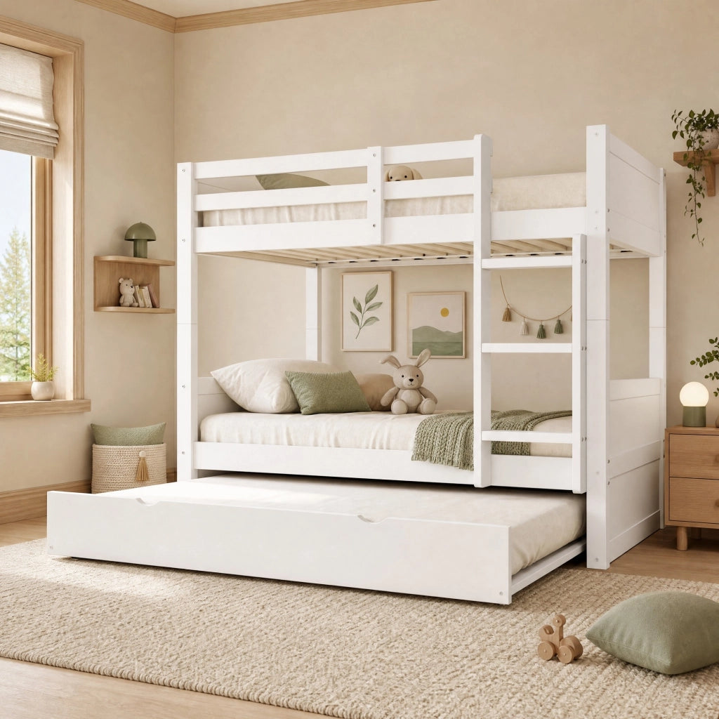 Letto a castello 90x200 cm in legno con letto estraibile, trasformabile in 2 letti singoli, bianco