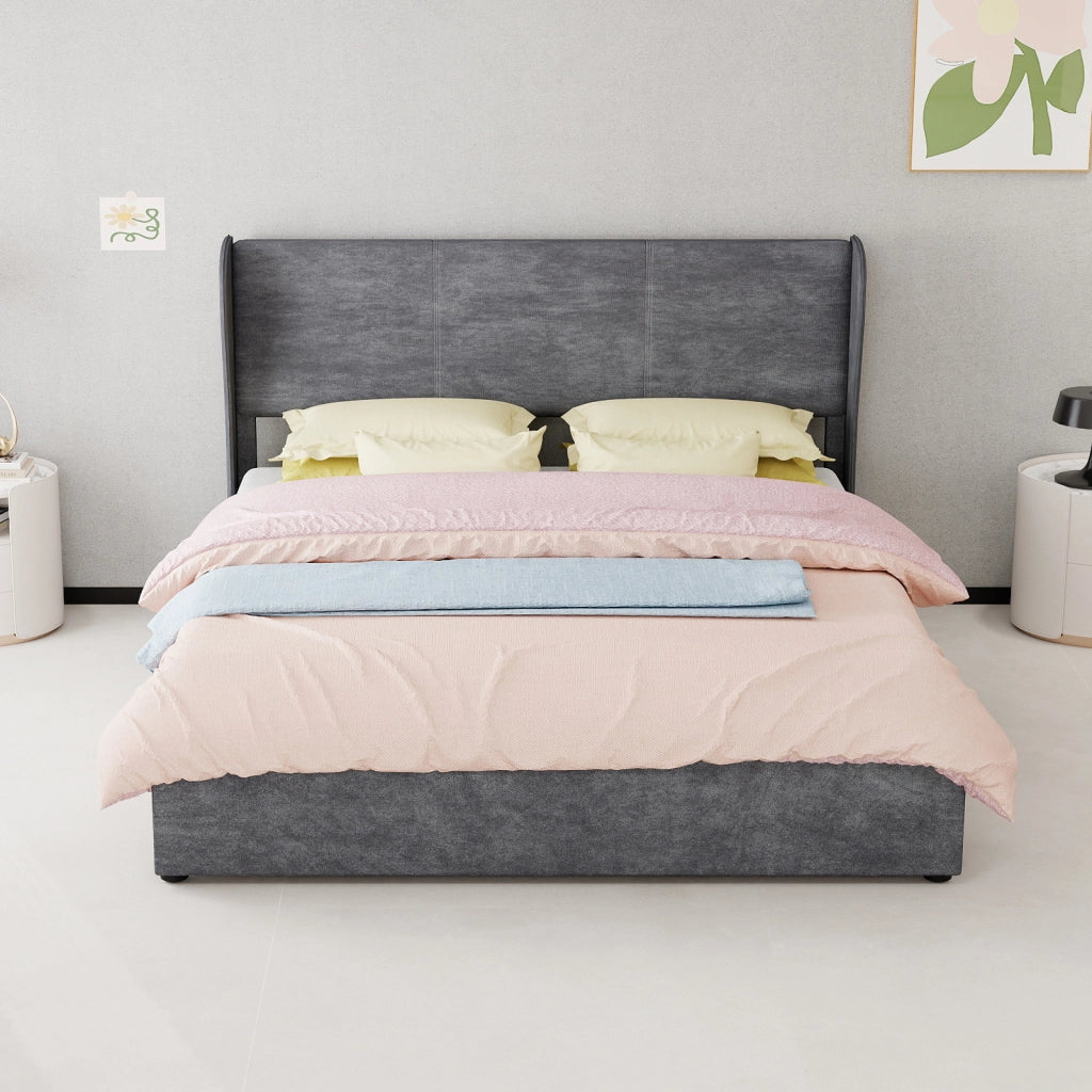 Letto Matrimoniale 160x200 cm; Testiera Imbottita; in Tessuto e Metallo; Grigio