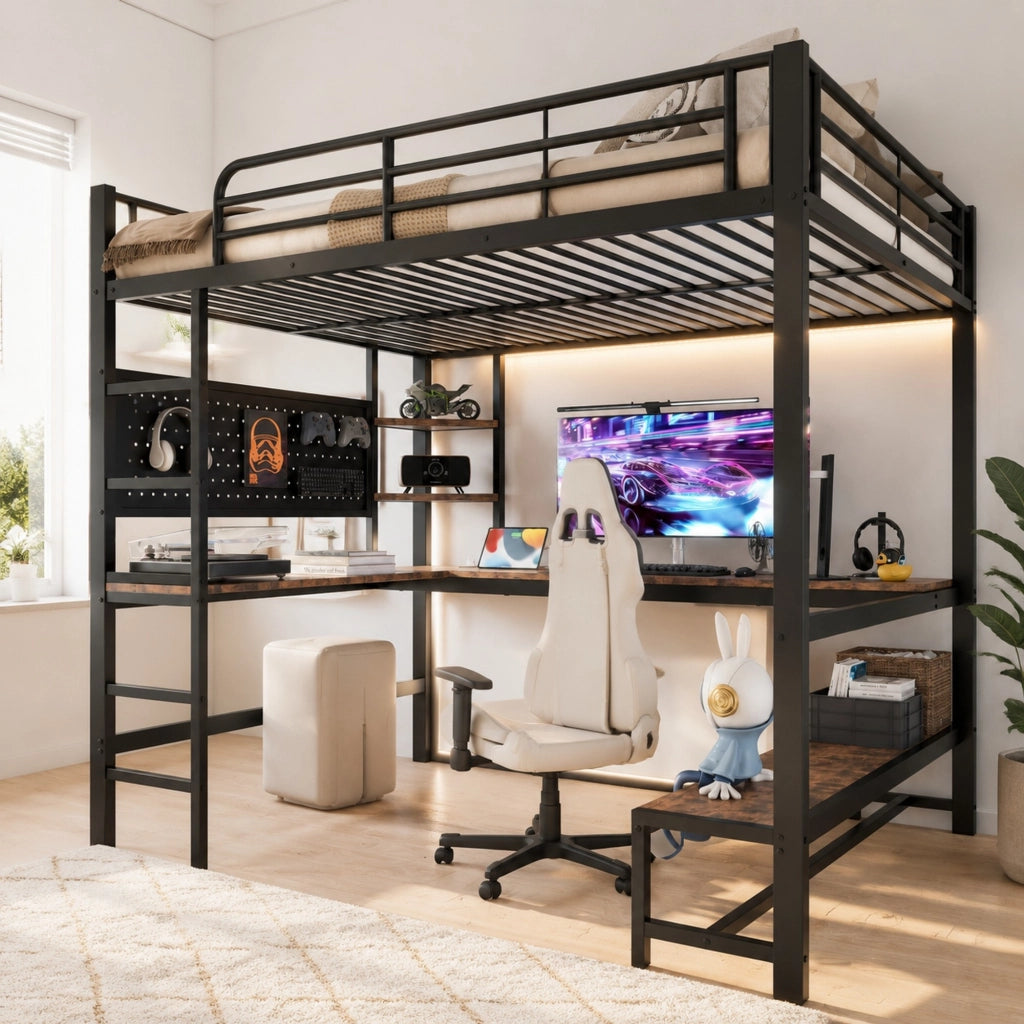 Letto a soppalco 140 x 200 cm nero con scrivania, LED e USB-C