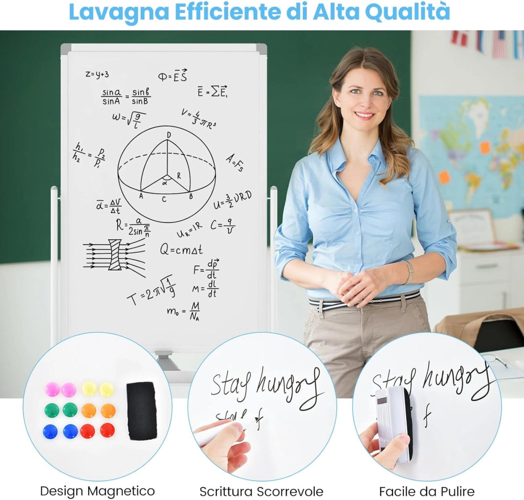 Lavagna Bianca Portatile con Ruote, Lavagna Bianca Regolabile in Altezza, Lavagna a Secco Reversibile per Scuola, Ufficio, Casa (Bianco)