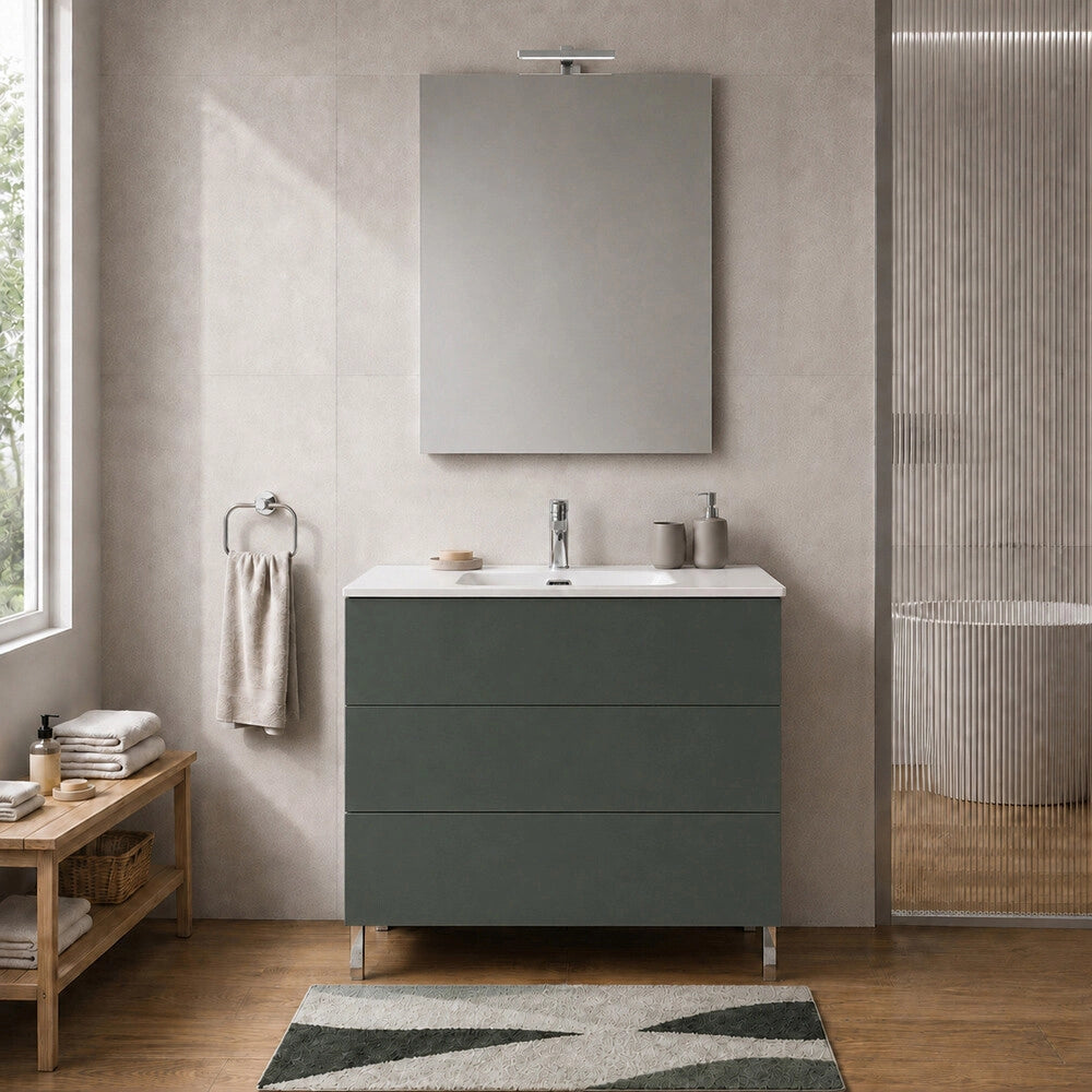 Mobile bagno a terra 100 cm verde tre cassetti push-pull con lavabo Tierra