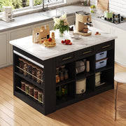 Isola da cucina moderna con tavolo estraibile 150x90x90 cm, finitura effetto marmo bianco, colore nero
