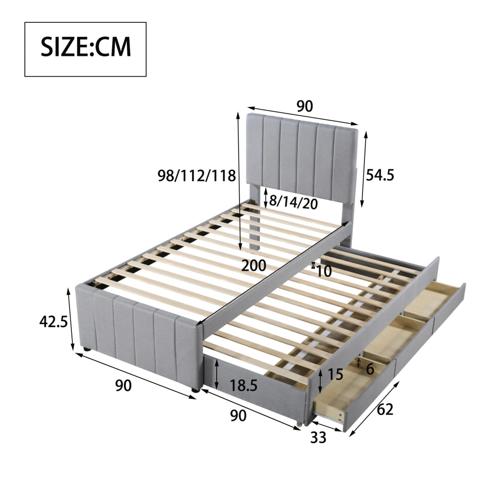 Letto imbottito 90x200 cm con letto estraibile e 3 cassetti in tessuto di cotone e lino grigio
