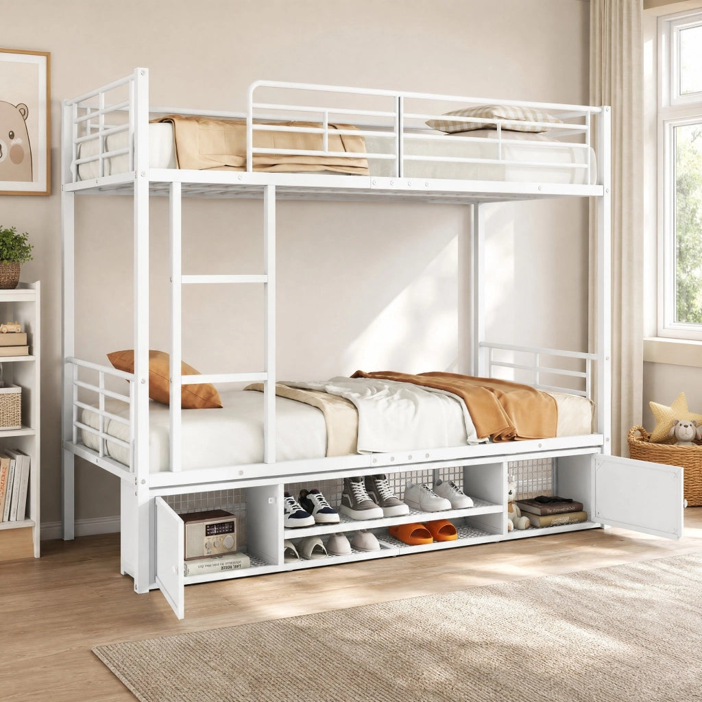 LETTO a castello 90x200 cm in metallo bianco con scala e scarpiera