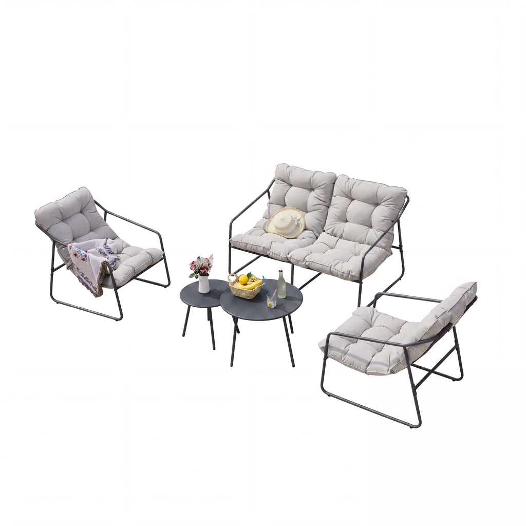 Set di 5 Mobili da Giardino Kivanta 2 Tavolini Rotondi 2 Poltrone e Divano - Grigio Scuro/Beige [en.casa]