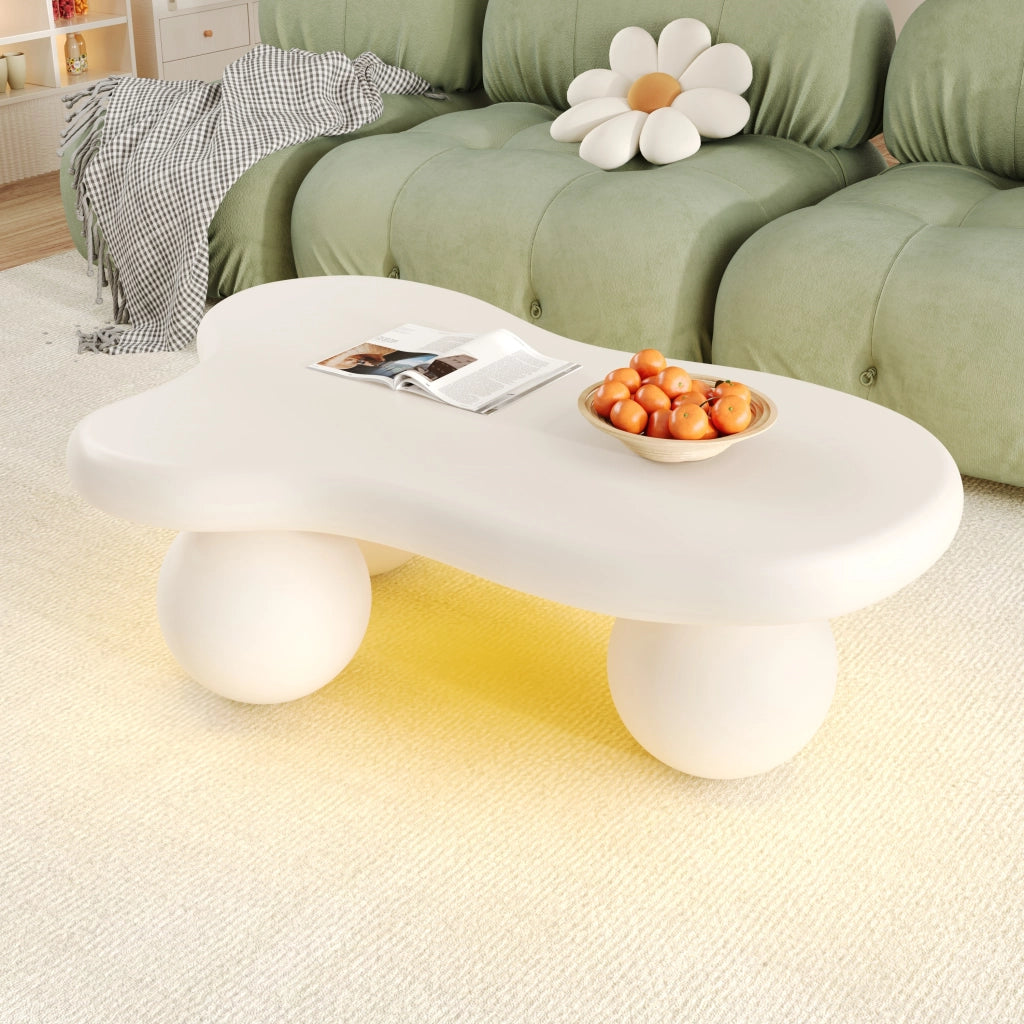 Tavolino da salotto con LED 16 colori controllato da app; forma nuvola e gambe tonde; in MDF; Bianco