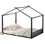Letto bambino 140x200 cm a casetta; struttura robusta in metallo; nero