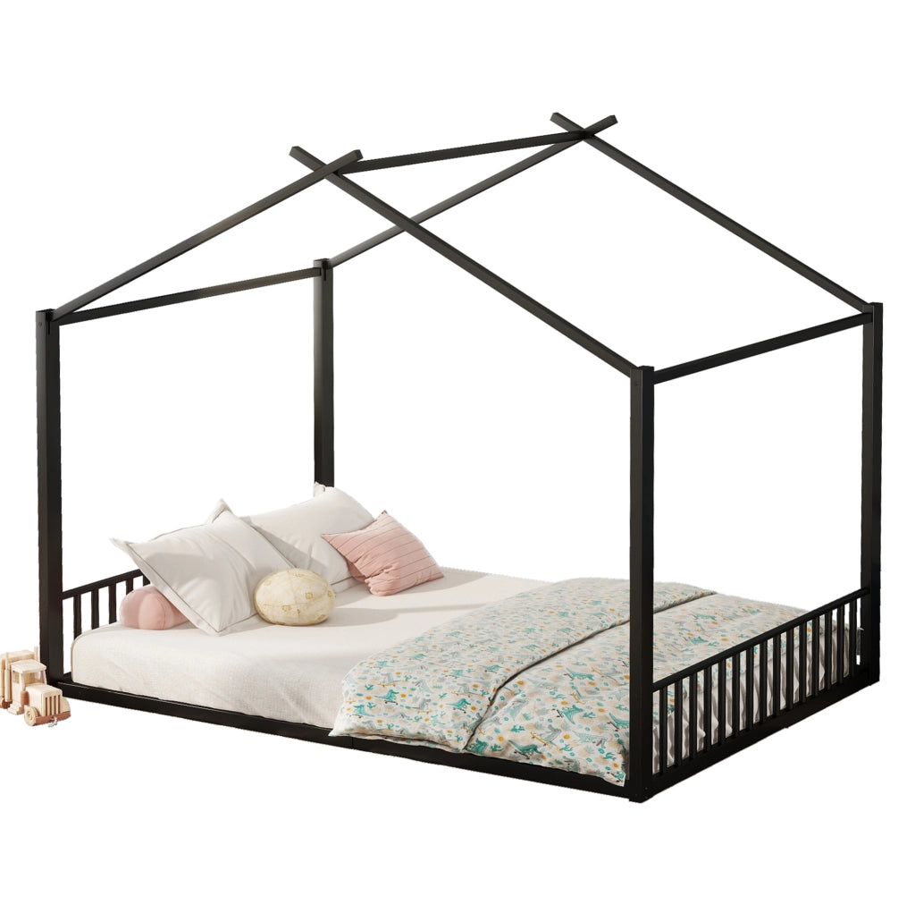 Letto bambino 140x200 cm a casetta; struttura robusta in metallo; nero