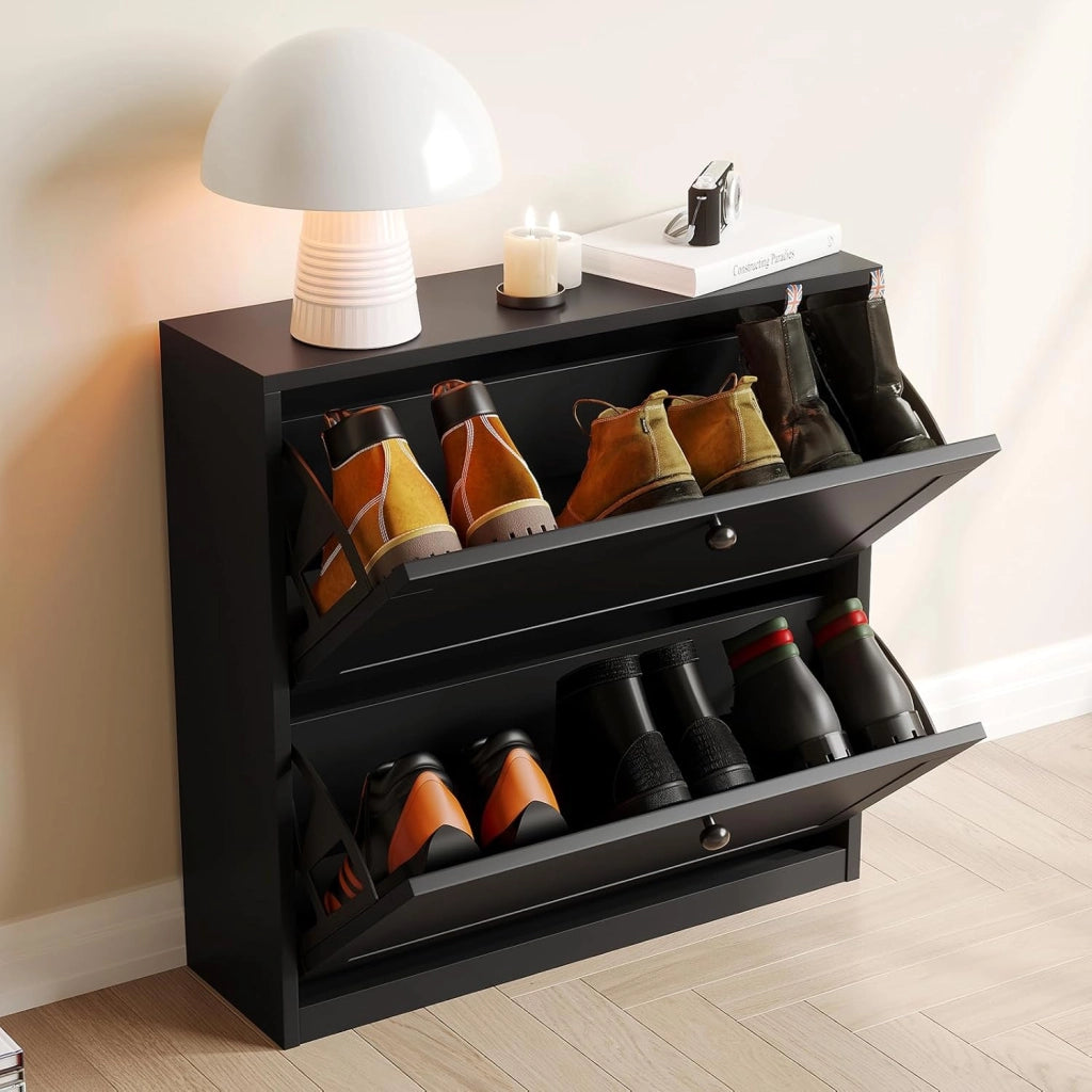 Scarpiera Portascarpe in Legno, Scarpiera Slim, Ingresso, Regolabili, con 2 Ante a Ribalta e Doppia Profondita, 80x80x24 cm (LxAxP), per Ingresso Casa (Nero)