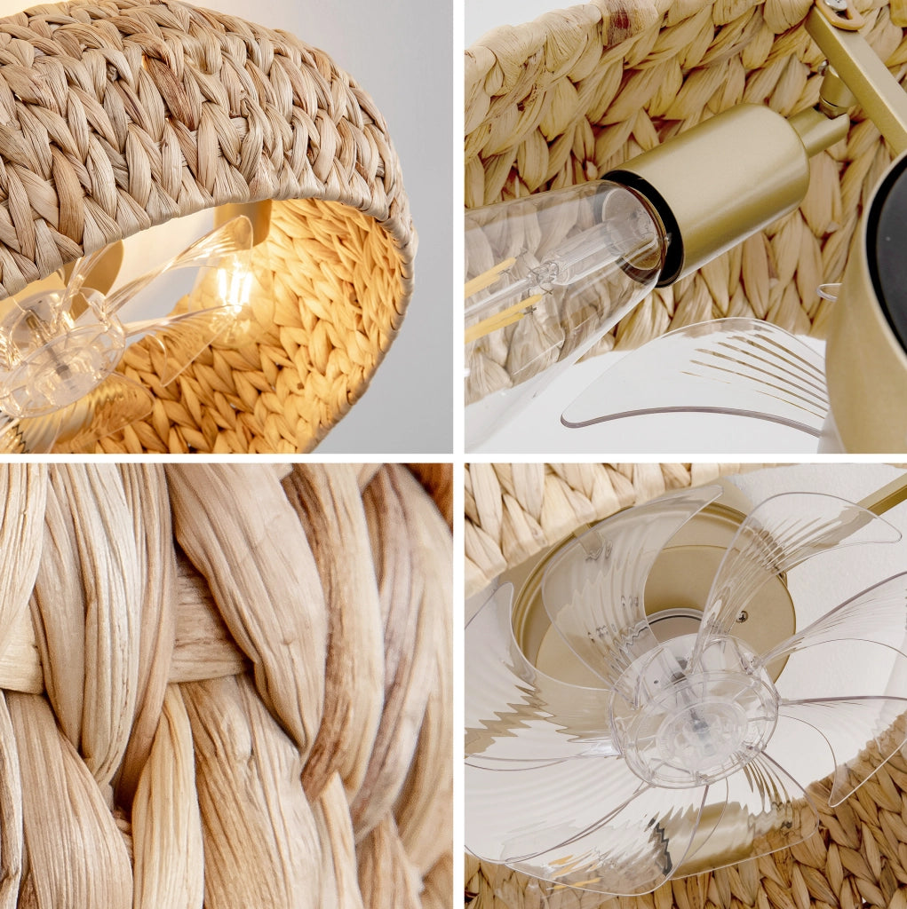 Ventilatore da soffitto con luce in rattan, 4 portalampada E26, controllo App e telecomando, rame