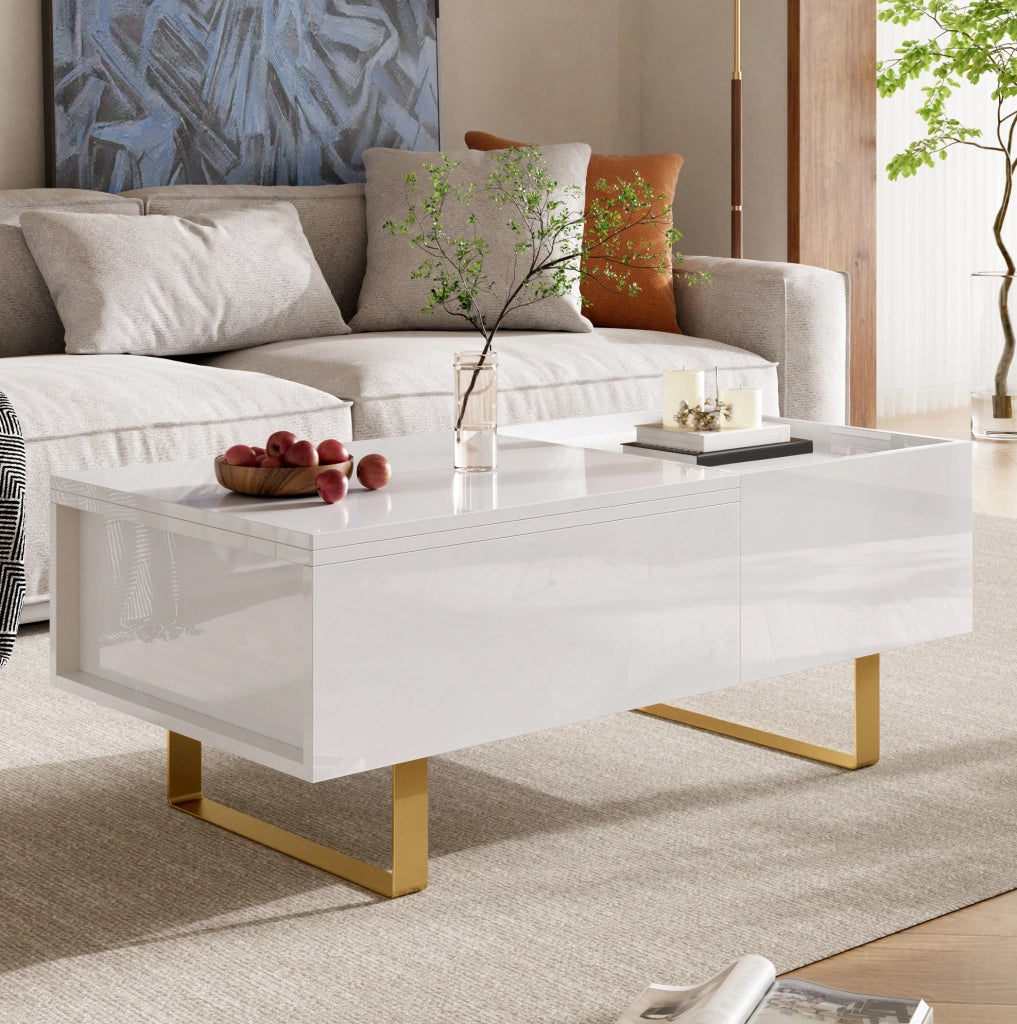Tavolino da salotto 100x50x54.5 cm regolabile in altezza con cassetto e vano contenitore in MDF bianco