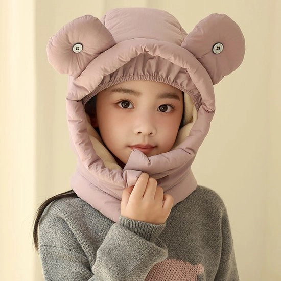 Muffa calda per bambini, visiera di pelle di pecora per il caldo, cappuccio invernale con protezione per il collo, cappello da esterno per bivacco - rosa