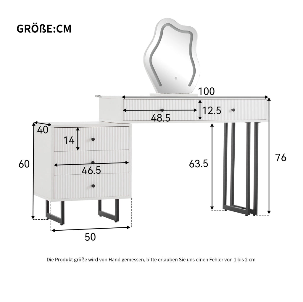 Tavolo da trucco bianco con specchio LED dimmerabile e 5 cassetti, 100x40x76 cm