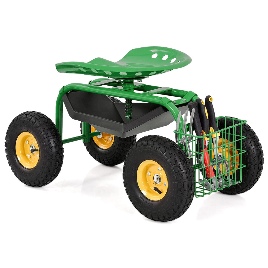 Sgabello da giardino con ruote seduta regolabile in altezza e girevole a 360¡ã cestello, Sedile per giardinaggio Verde-Attrezzi da giardino