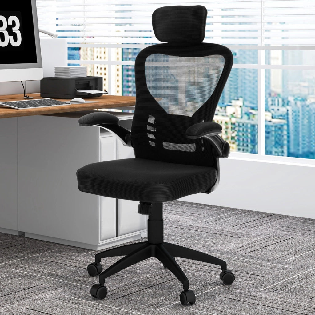 Sedia da ufficio ergonomica in rete con altezza regolabile braccioli ribaltabili, Sedia direzionale per studio Nero